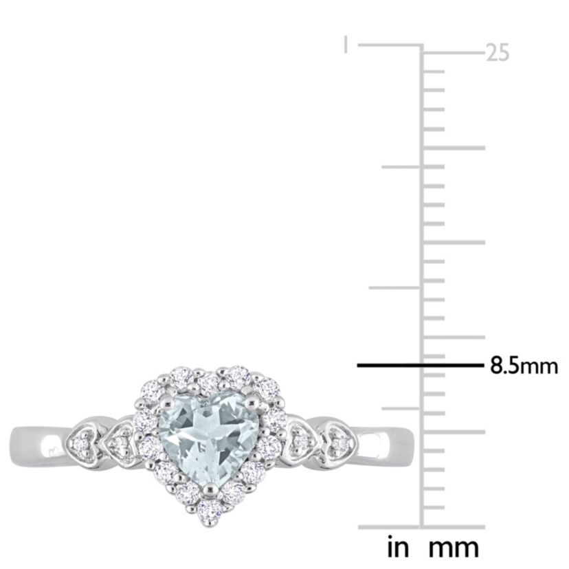 1/2 ct. t.g.w. Aquamarine, White Topaz and 1/10 ct. t.w. Diamond Halo Heart Ring in Sterling Silver