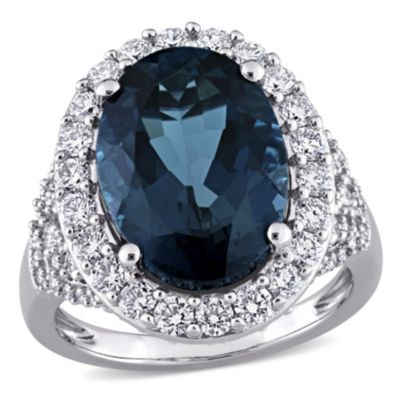 Belk & Co 7 Ct. T.g.w. London Blue Topaz And 1.34 Ct. T.w. Diamond Halo Cocktail Ring In 14K White Gold