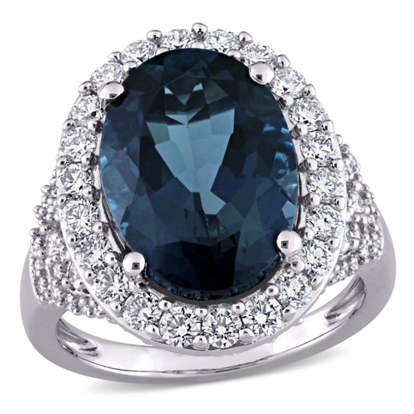 7 ct. t.g.w. London Blue Topaz and 1.34 ct. t.w. Diamond Halo Cocktail Ring in 14K White Gold
