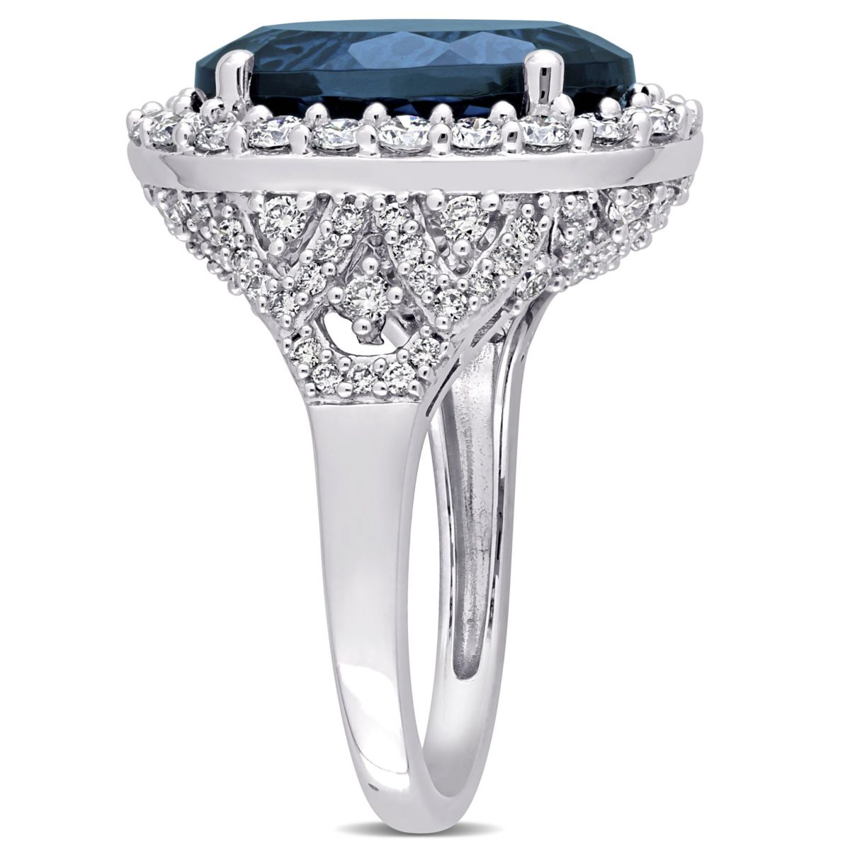 7 ct. t.g.w. London Blue Topaz and 1.34 ct. t.w. Diamond Halo Cocktail Ring in 14K White Gold