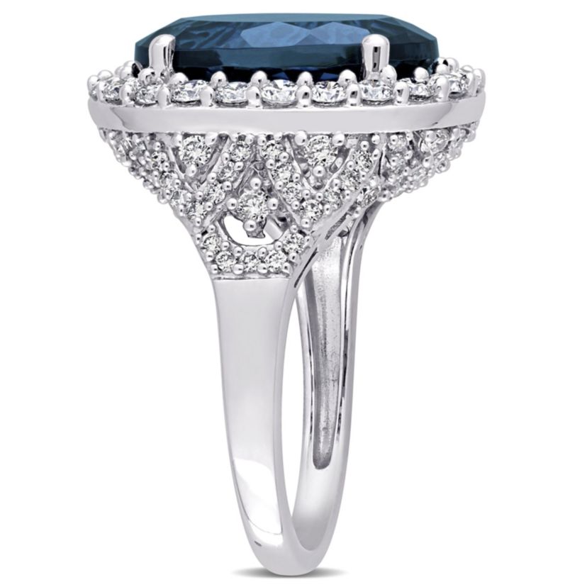 7 ct. t.g.w. London Blue Topaz and 1.34 ct. t.w. Diamond Halo Cocktail Ring in 14K White Gold