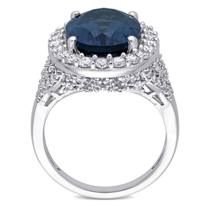 7 ct. t.g.w. London Blue Topaz and 1.34 ct. t.w. Diamond Halo Cocktail Ring in 14K White Gold