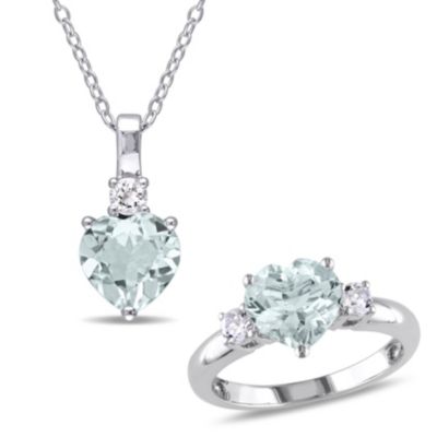 Belk & Co Lab Created 2-Piece Set of 3.45 ct. t.g.w. Aquamarine and Created White Sapphire Pendant with Chain and Ring in Sterling Silver, 5.5 -  0075000466682