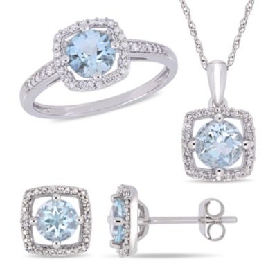 Belk & Co 3-Piece Set Of 2.20 Ct. T.g.w. Aquamarine And 1/3 Ct. T.w. Diamond Halo Earrings, Pendant With Chain And Ring In 10K White Gold