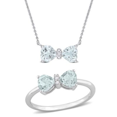 Belk & Co 2-Piece Set of 1.4 ct. t.g.w. Aquamarine and 1/10 ct. t.w. Diamond Pendant with Chain and Ring in 10K White Gold, 8 -  0075000473871