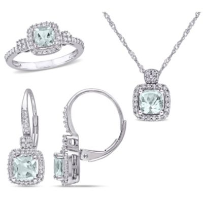Belk & Co 3- Piece Set of 2.1 ct. t.g.w. Aquamarine and 1/2 ct. t.w. Diamond Earrings, Pendant with Chain and Ring in 10K White Gold
