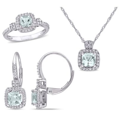 Belk & Co 3- Piece Set of 2.1 ct. t.g.w. Aquamarine and 1/2 ct. t.w. Diamond Earrings, Pendant with Chain and Ring in 10K White Gold, 5.5 -  0075000471402