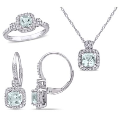 Belk & Co 3- Piece Set Of 2.1 Ct. T.g.w. Aquamarine And 1/2 Ct. T.w. Diamond Earrings, Pendant With Chain And Ring In 10K White Gold