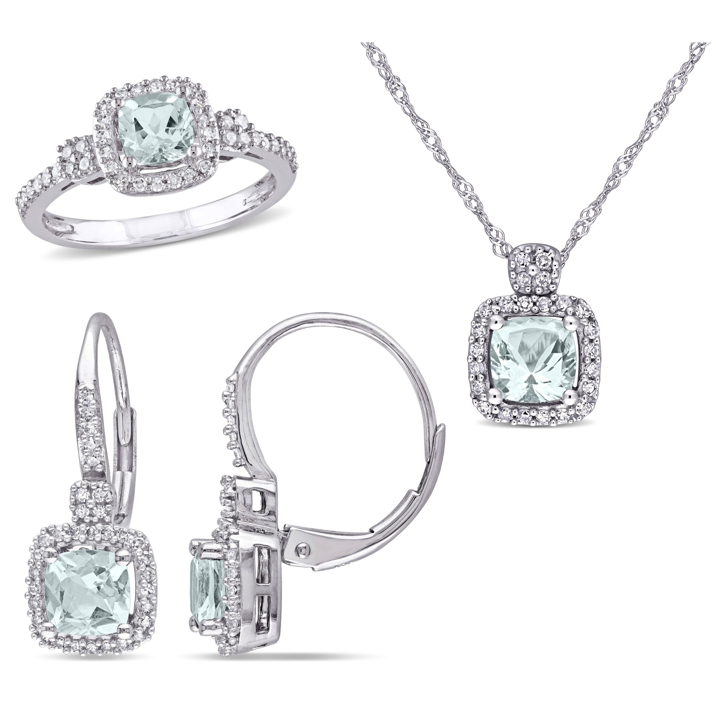3- Piece Set of 2.1 ct. t.g.w. Aquamarine and 1/2 ct. t.w. Diamond Earrings, Pendant with Chain and Ring in 10K White Gold