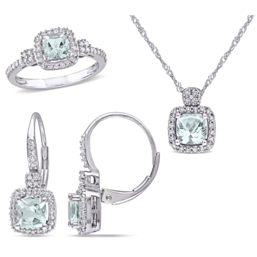 3- Piece Set of 2.1 ct. t.g.w. Aquamarine and 1/2 ct. t.w. Diamond Earrings, Pendant with Chain and Ring in 10K White Gold