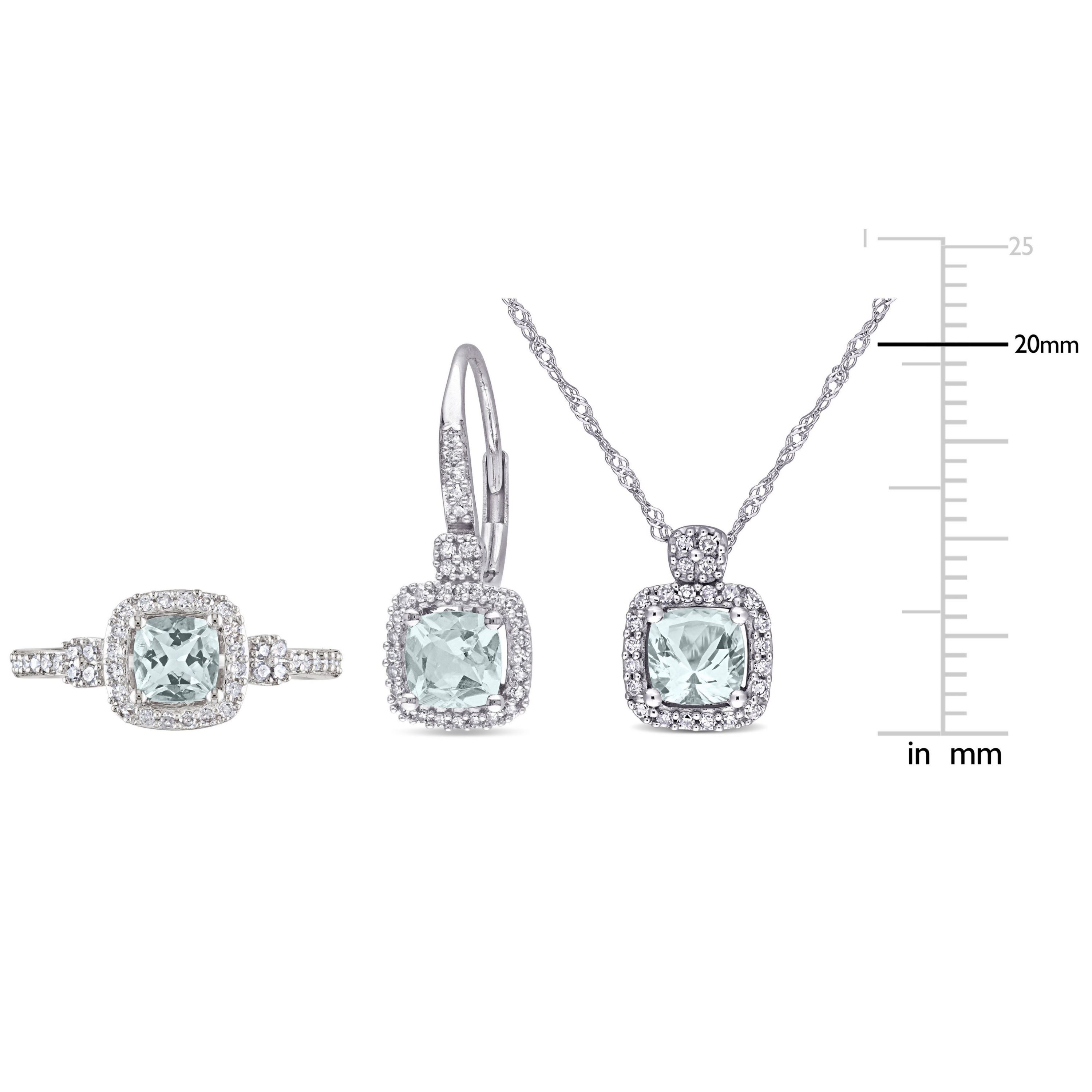 3- Piece Set of 2.1 ct. t.g.w. Aquamarine and 1/2 ct. t.w. Diamond Earrings, Pendant with Chain and Ring in 10K White Gold