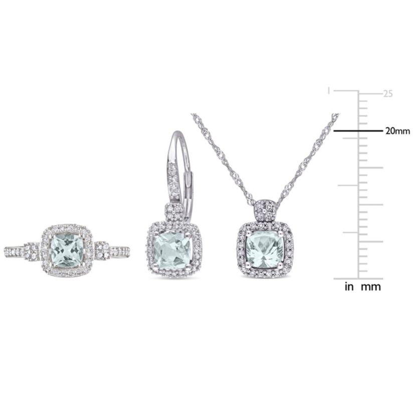3- Piece Set of 2.1 ct. t.g.w. Aquamarine and 1/2 ct. t.w. Diamond Earrings, Pendant with Chain and Ring in 10K White Gold