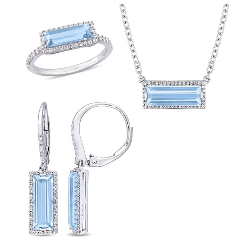 3-Piece Set of 11.5 ct. t.g.w. Sky Blue Topaz and White Sapphire Earrings, Pendant with Chain and Ring in Sterling Silver