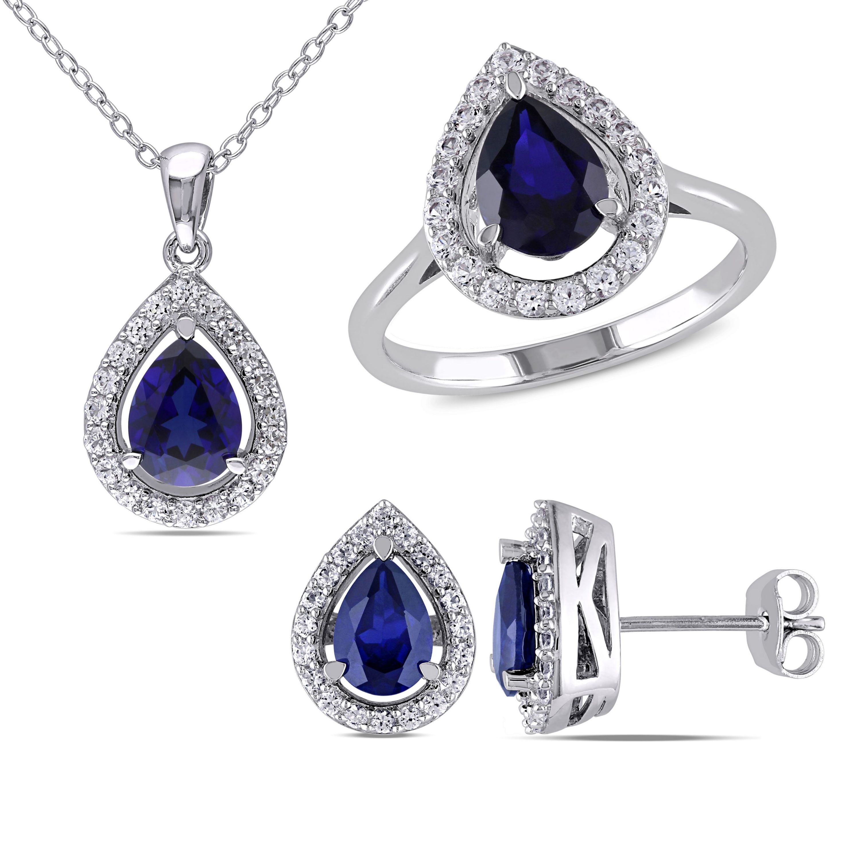 Lab Created 3-Piece Set of 7.1 ct. t.g.w. Created Blue and Created White Sapphire Teardrop Halo Pendant with Chain, Stud Earrings and Ring in Sterling Silver