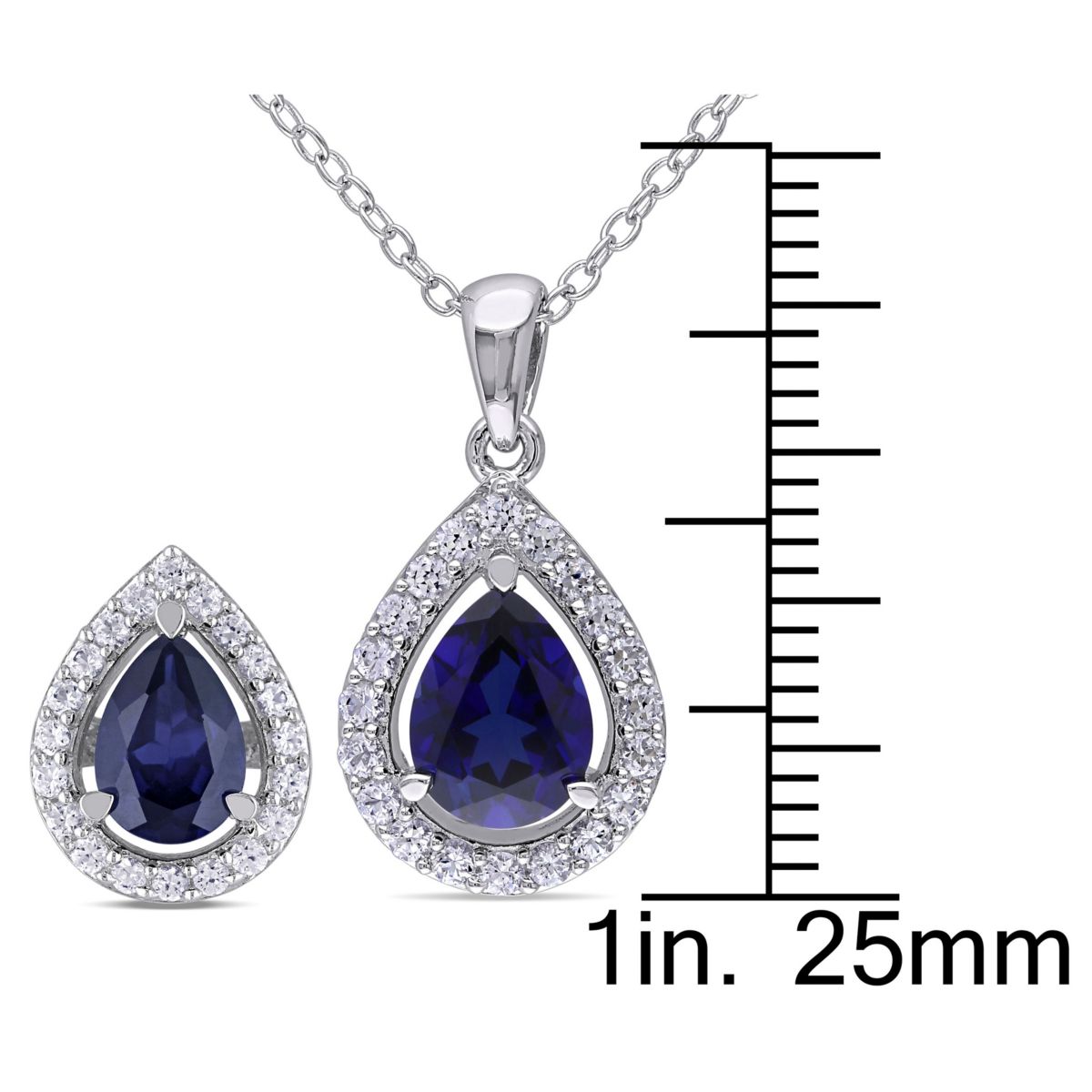 Lab Created 3-Piece Set of 7.1 ct. t.g.w. Created Blue and Created White Sapphire Teardrop Halo Pendant with Chain, Stud Earrings and Ring in Sterling Silver
