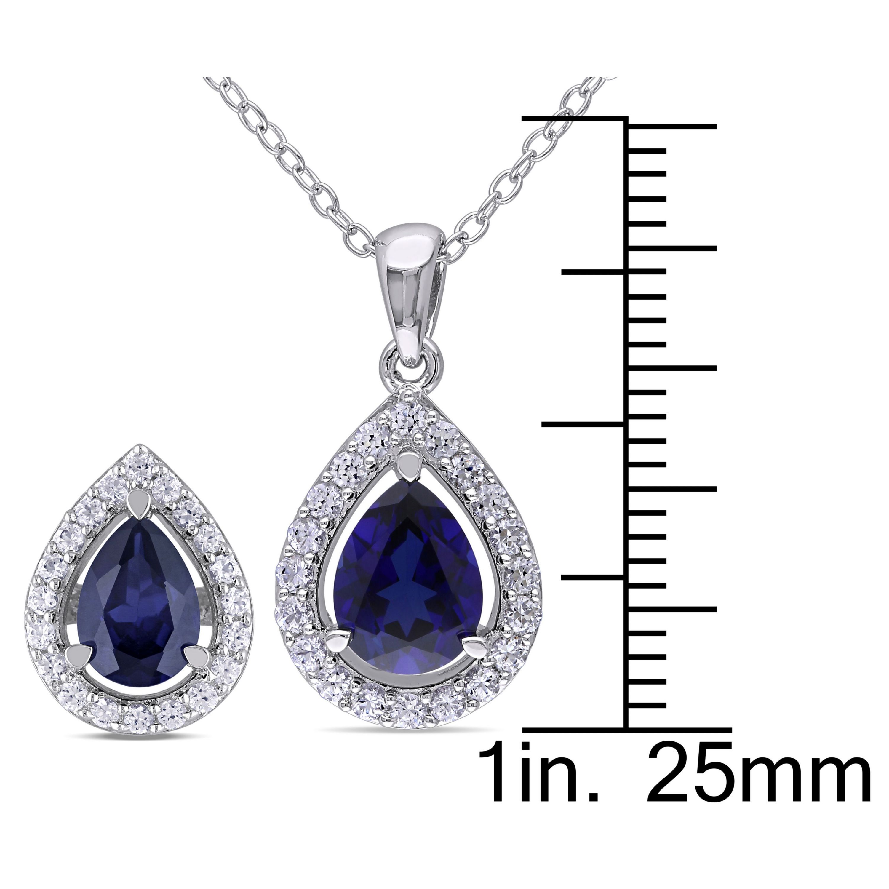 Lab Created 3-Piece Set of 7.1 ct. t.g.w. Created Blue and Created White Sapphire Teardrop Halo Pendant with Chain, Stud Earrings and Ring in Sterling Silver