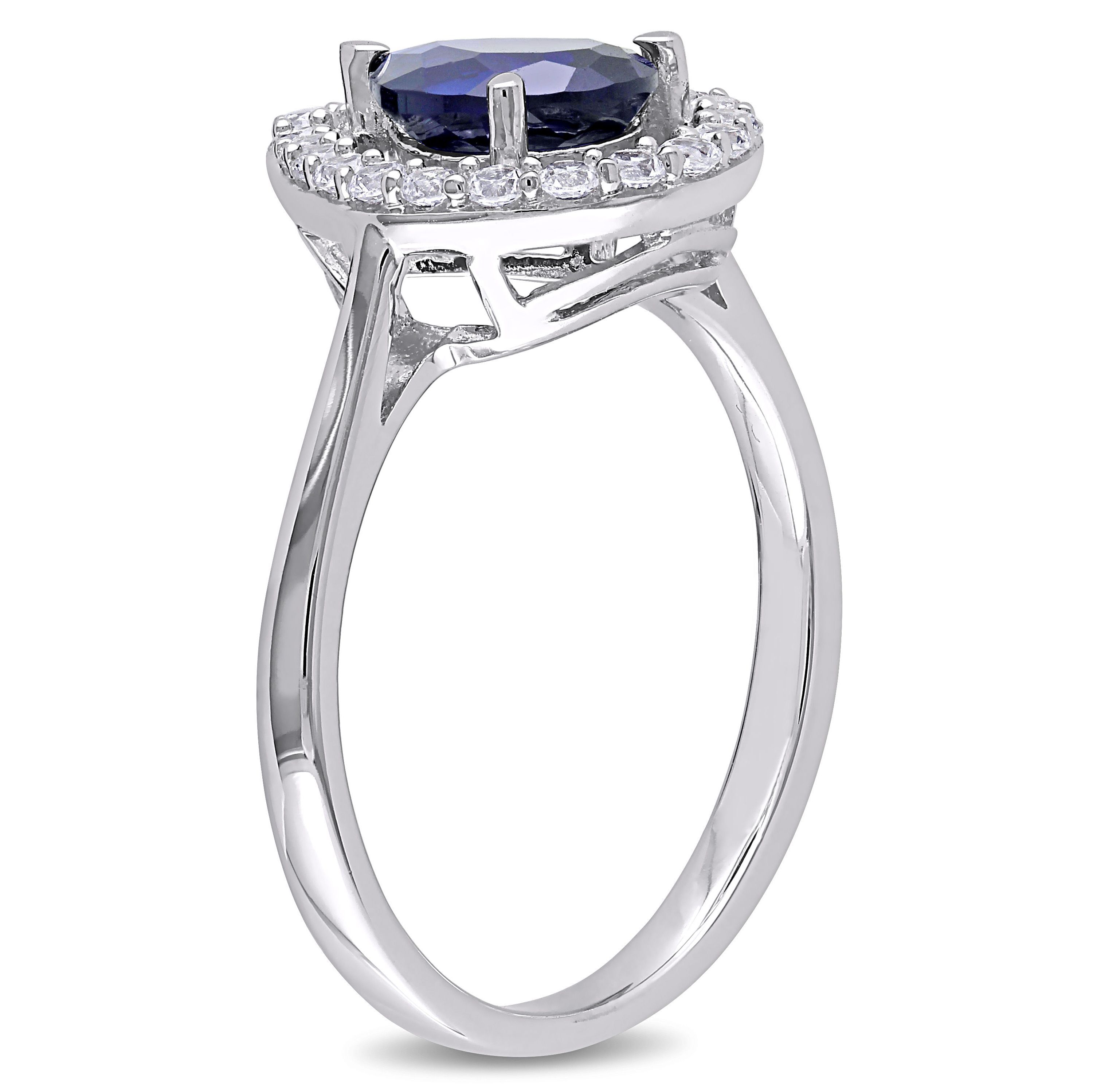 Lab Created 3-Piece Set of 7.1 ct. t.g.w. Created Blue and Created White Sapphire Teardrop Halo Pendant with Chain, Stud Earrings and Ring in Sterling Silver