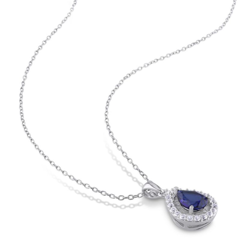 Lab Created 3-Piece Set of 7.1 ct. t.g.w. Created Blue and Created White Sapphire Teardrop Halo Pendant with Chain, Stud Earrings and Ring in Sterling Silver