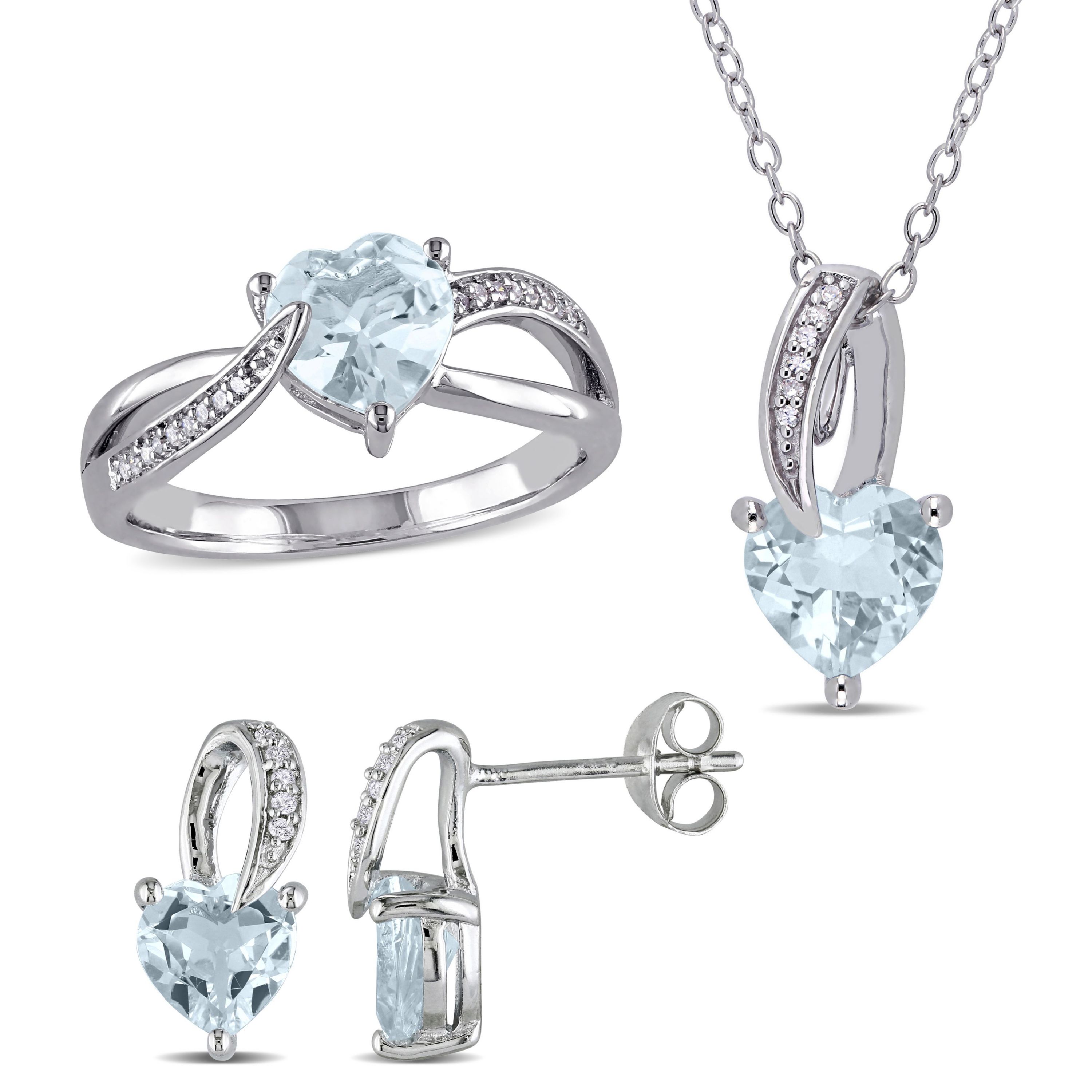 3-Piece Set of 4.3 ct. t.g.w. Aquamarine and 1/10 ct. t.w. Diamond Earrings, Pendant with Chain and Ring in Sterling Silver