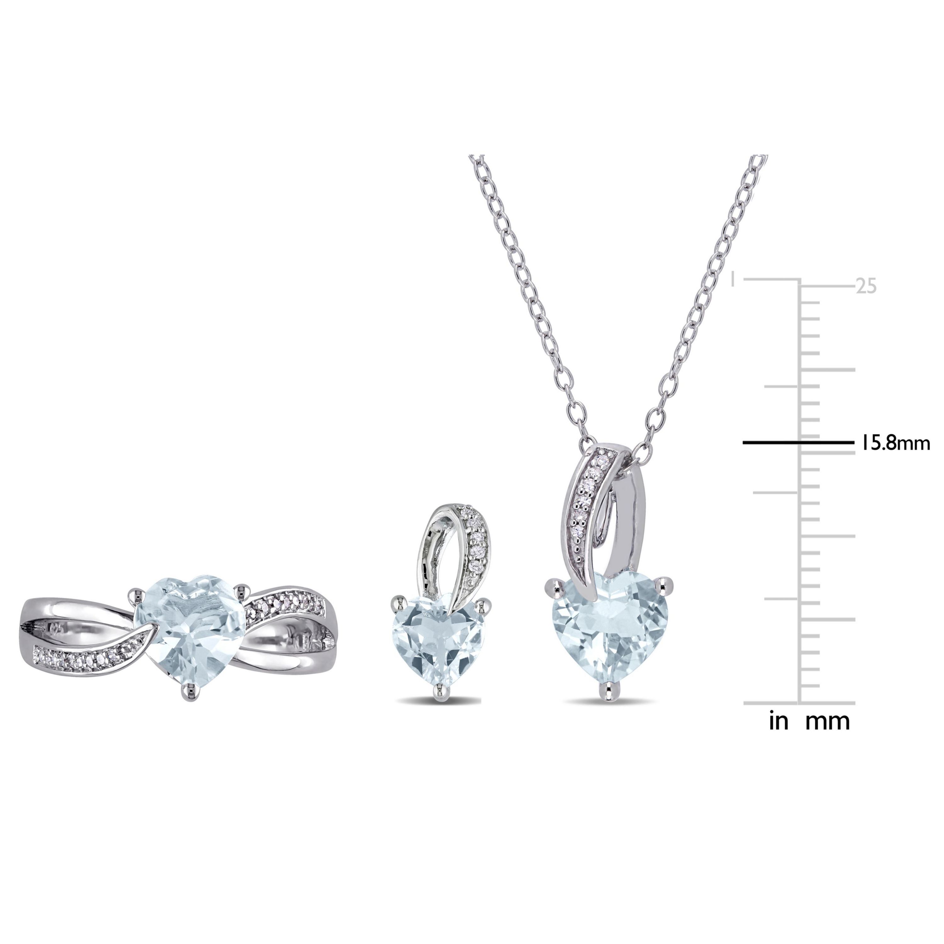 3-Piece Set of 4.3 ct. t.g.w. Aquamarine and 1/10 ct. t.w. Diamond Earrings, Pendant with Chain and Ring in Sterling Silver