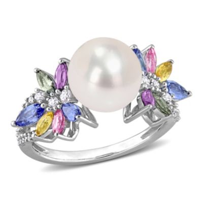 Belk & Co 9-9.5Mm White Freshwater Cultured Pearl, 1.7 Ct. T.g.w. Multi-Color Sapphire And 1/8 Ct. T.w. Diamond Ring In 14K White Gold