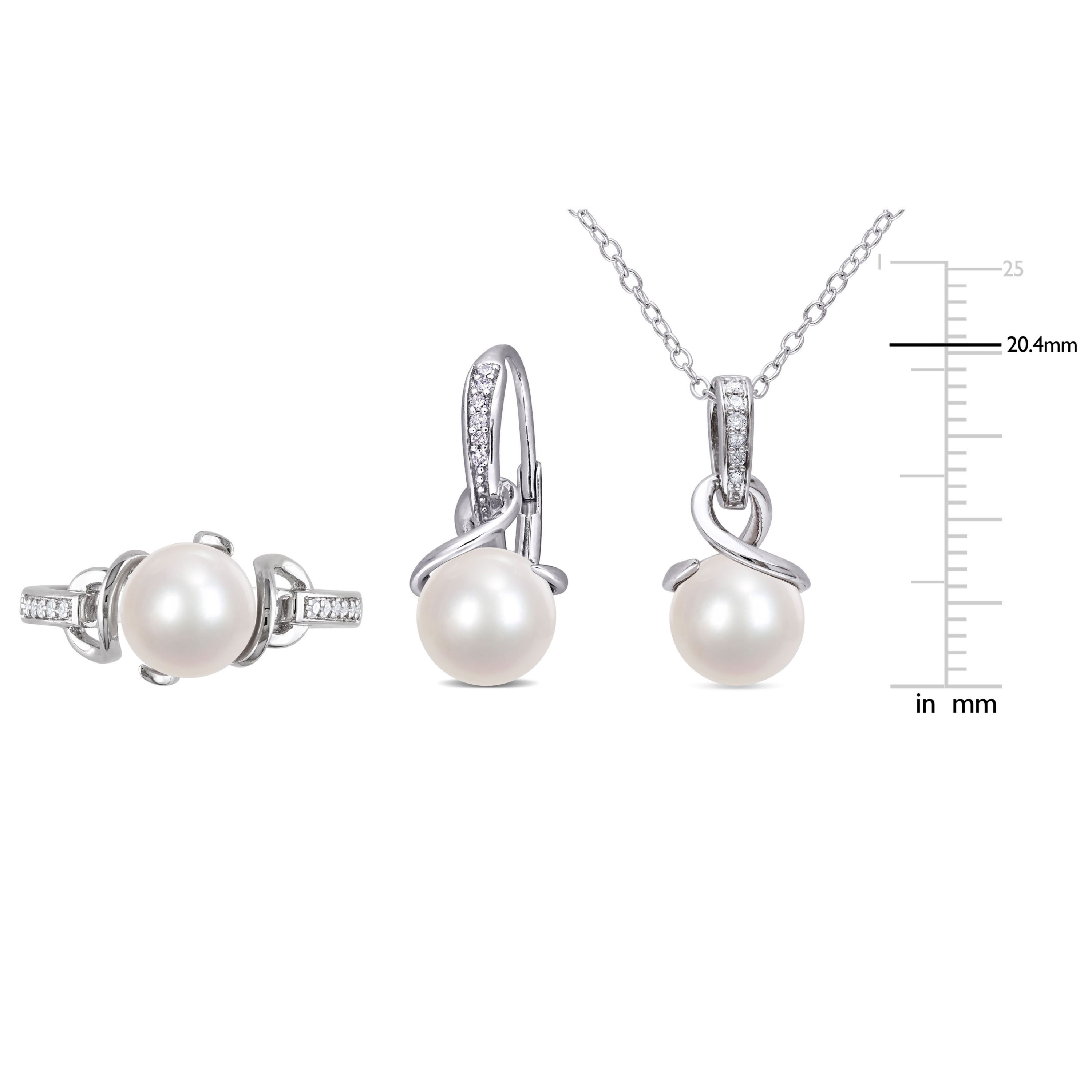 3-Piece Set of 8-8.5MM Freshwater Cultured Pearl and 1/6 ct. t.w. Diamond Ring, Earrings and Pendant with Chain in Sterling Silver
