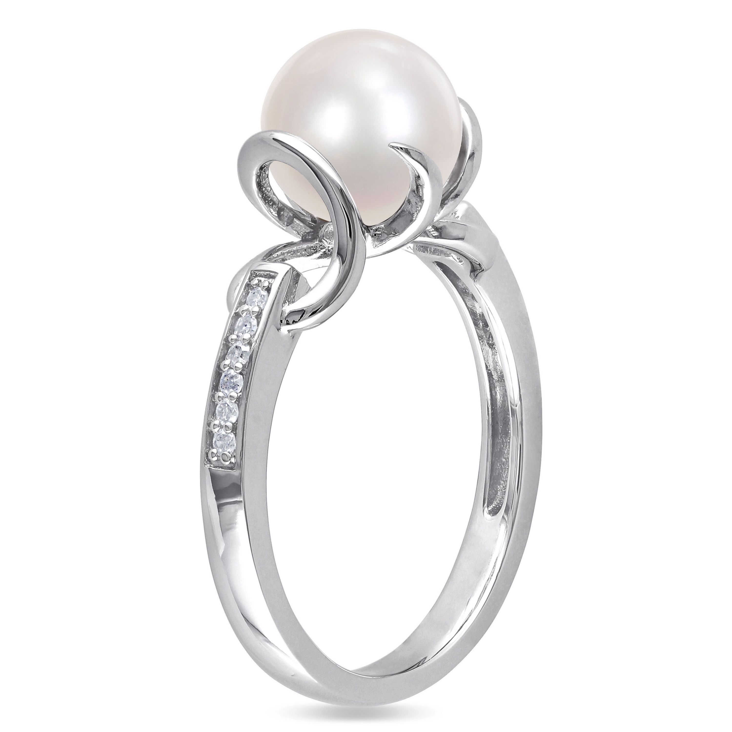3-Piece Set of 8-8.5MM Freshwater Cultured Pearl and 1/6 ct. t.w. Diamond Ring, Earrings and Pendant with Chain in Sterling Silver