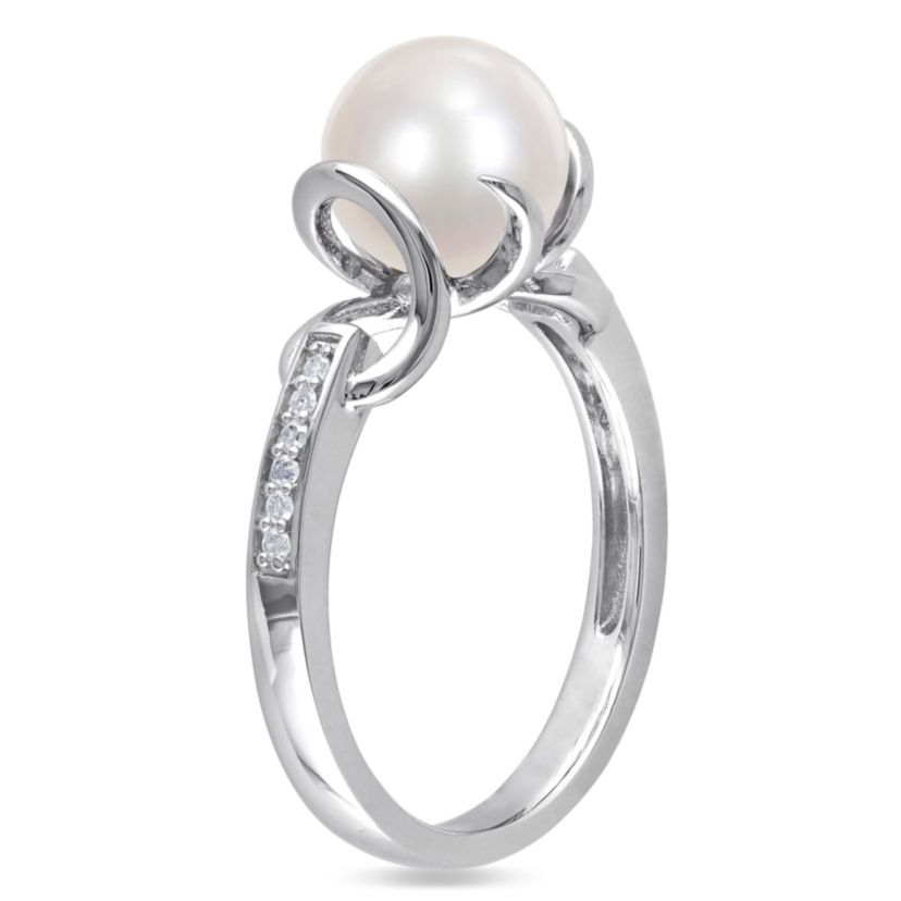 3-Piece Set of 8-8.5MM Freshwater Cultured Pearl and 1/6 ct. t.w. Diamond Ring, Earrings and Pendant with Chain in Sterling Silver