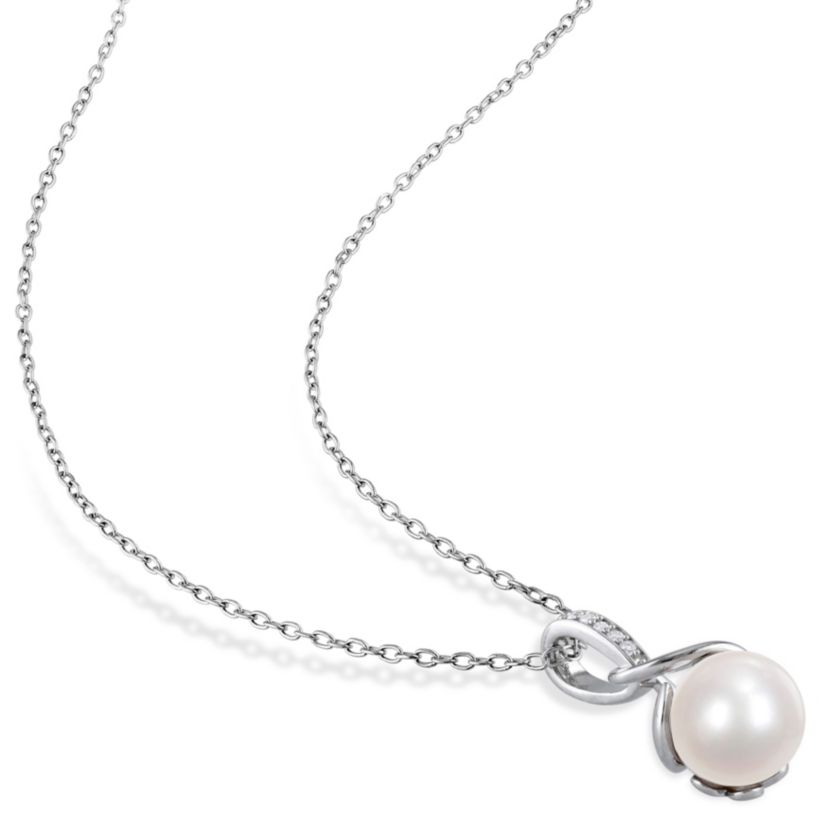 3-Piece Set of 8-8.5MM Freshwater Cultured Pearl and 1/6 ct. t.w. Diamond Ring, Earrings and Pendant with Chain in Sterling Silver