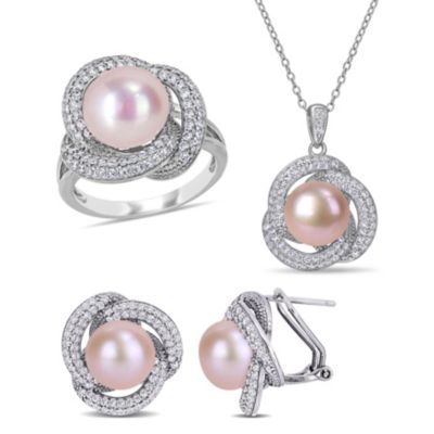 Haylee Jewels 3-Piece Set of 9-10.5MM Pink Freshwater Cultured Pearl and 3.07 ct. t.g.w. Cubic Zirconia Ring, Earrings and Pendant with Chain in