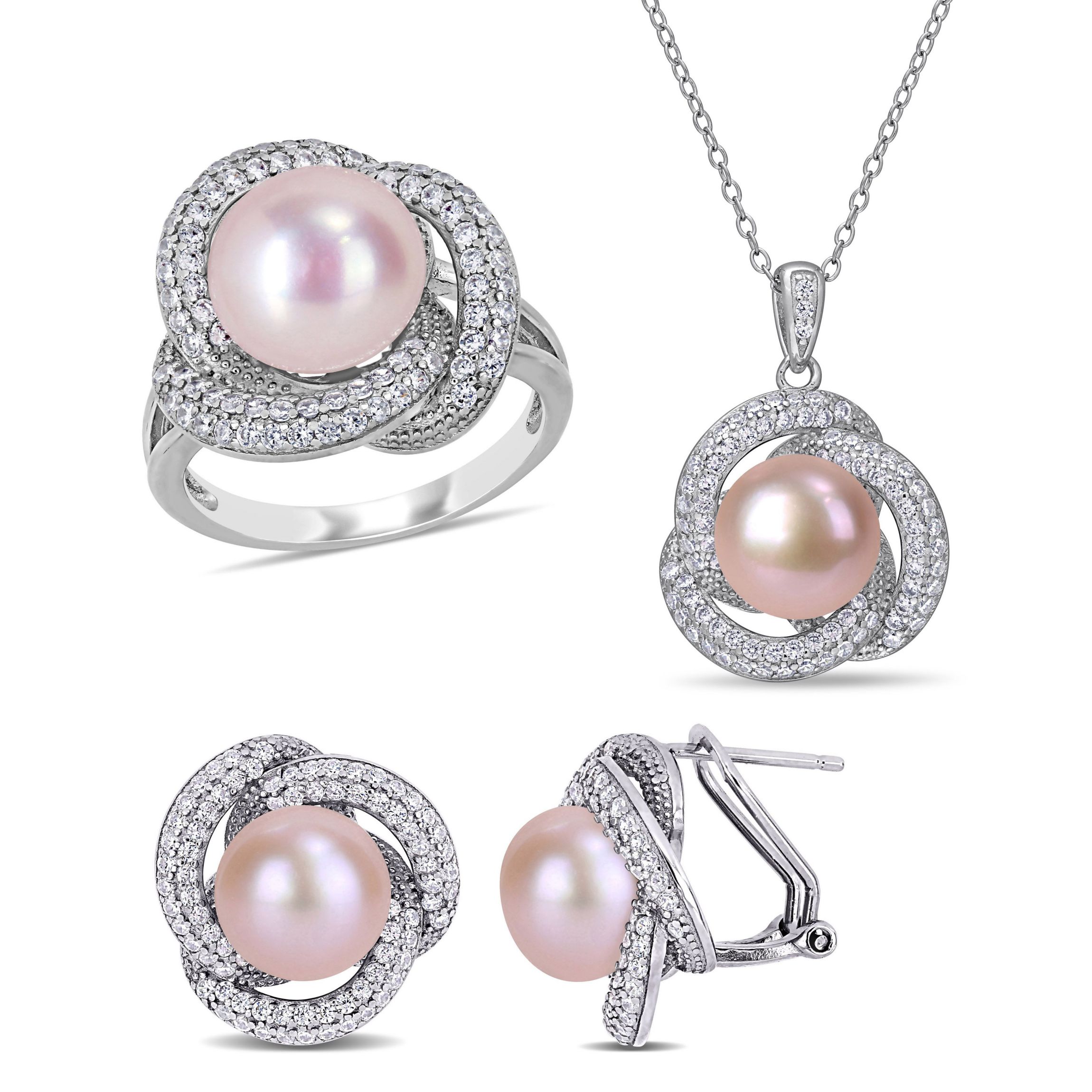 3-Piece Set of 9-10.5MM Pink Freshwater Cultured Pearl and 3.07 ct. t.g.w. Cubic Zirconia Ring, Earrings and Pendant with Chain in Sterling Silver