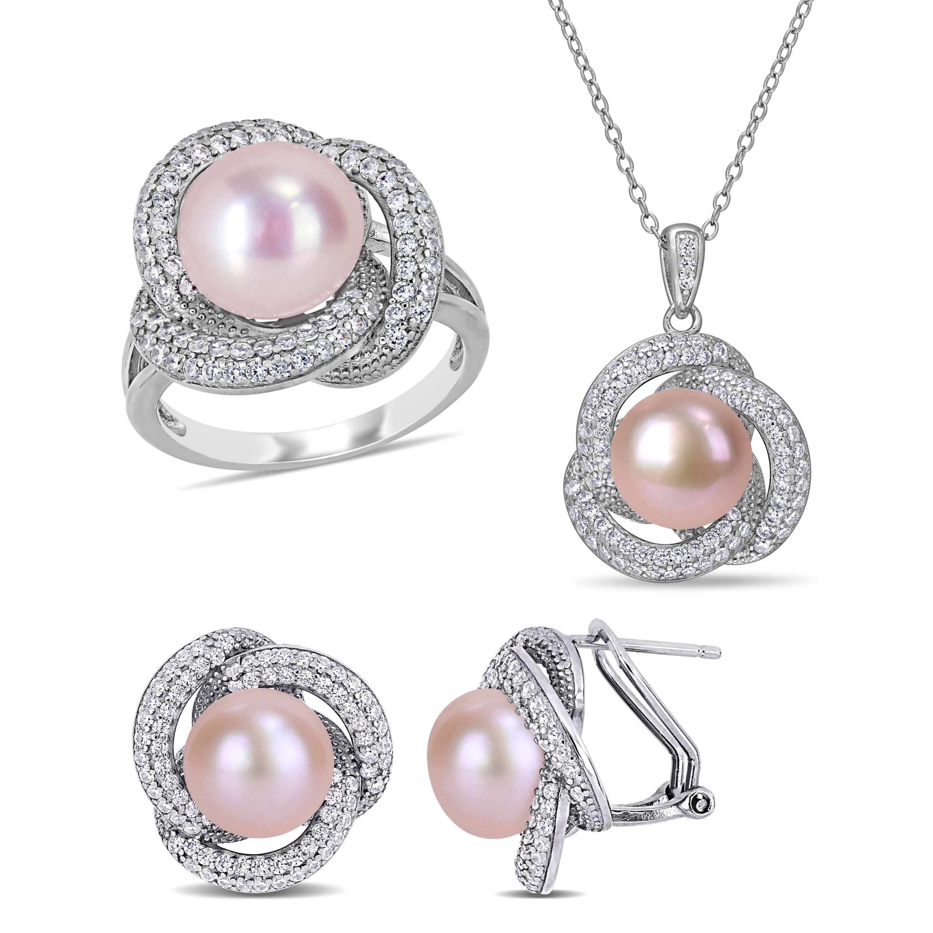 3-Piece Set of 9-10.5MM Pink Freshwater Cultured Pearl and 3.07 ct. t.g.w. Cubic Zirconia Ring, Earrings and Pendant with Chain in Sterling Silver