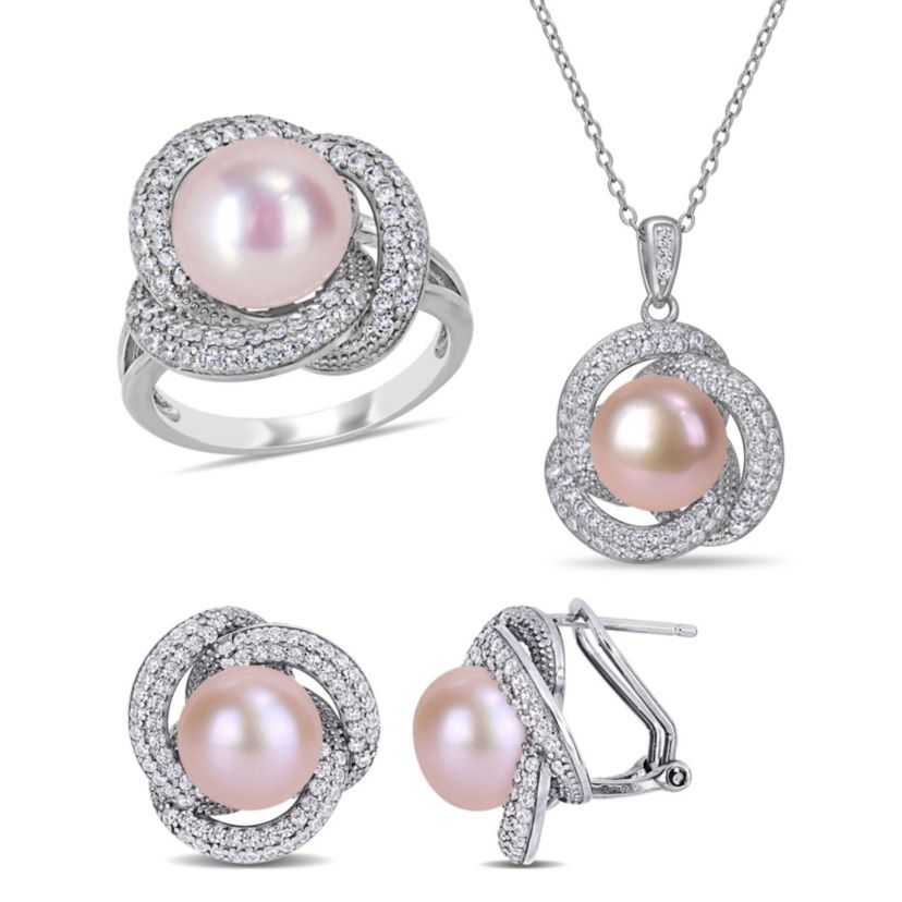 3-Piece Set of 9-10.5MM Pink Freshwater Cultured Pearl and 3.07 ct. t.g.w. Cubic Zirconia Ring, Earrings and Pendant with Chain in Sterling Silver