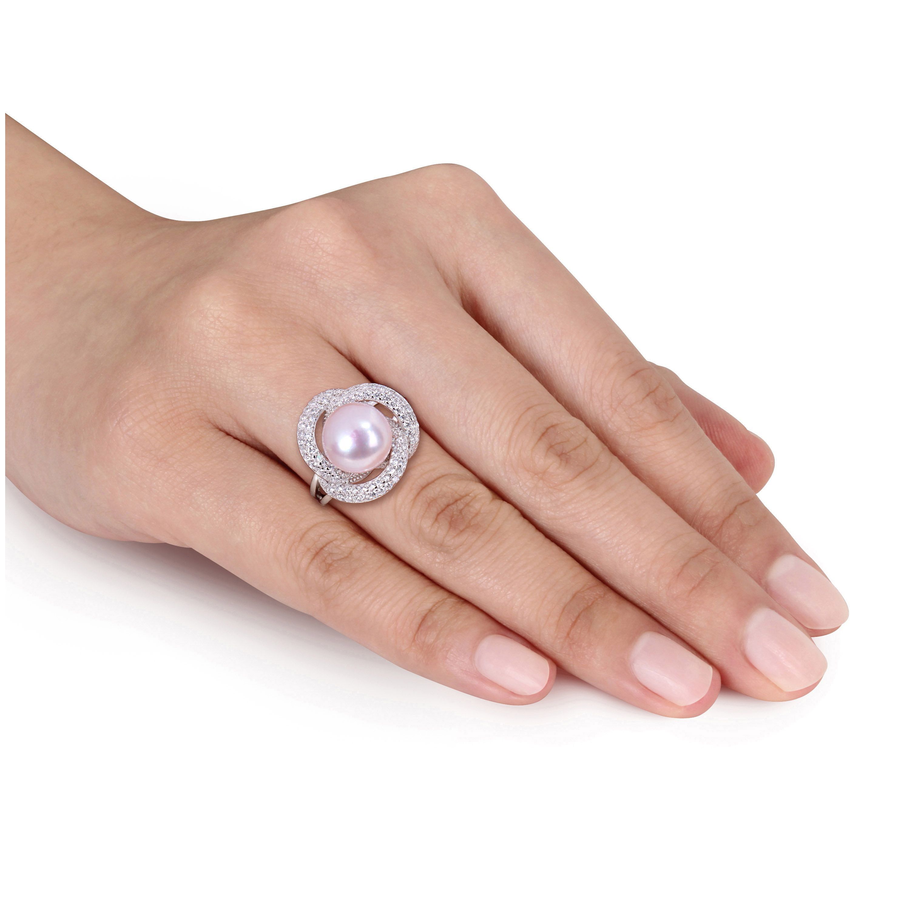 3-Piece Set of 9-10.5MM Pink Freshwater Cultured Pearl and 3.07 ct. t.g.w. Cubic Zirconia Ring, Earrings and Pendant with Chain in Sterling Silver