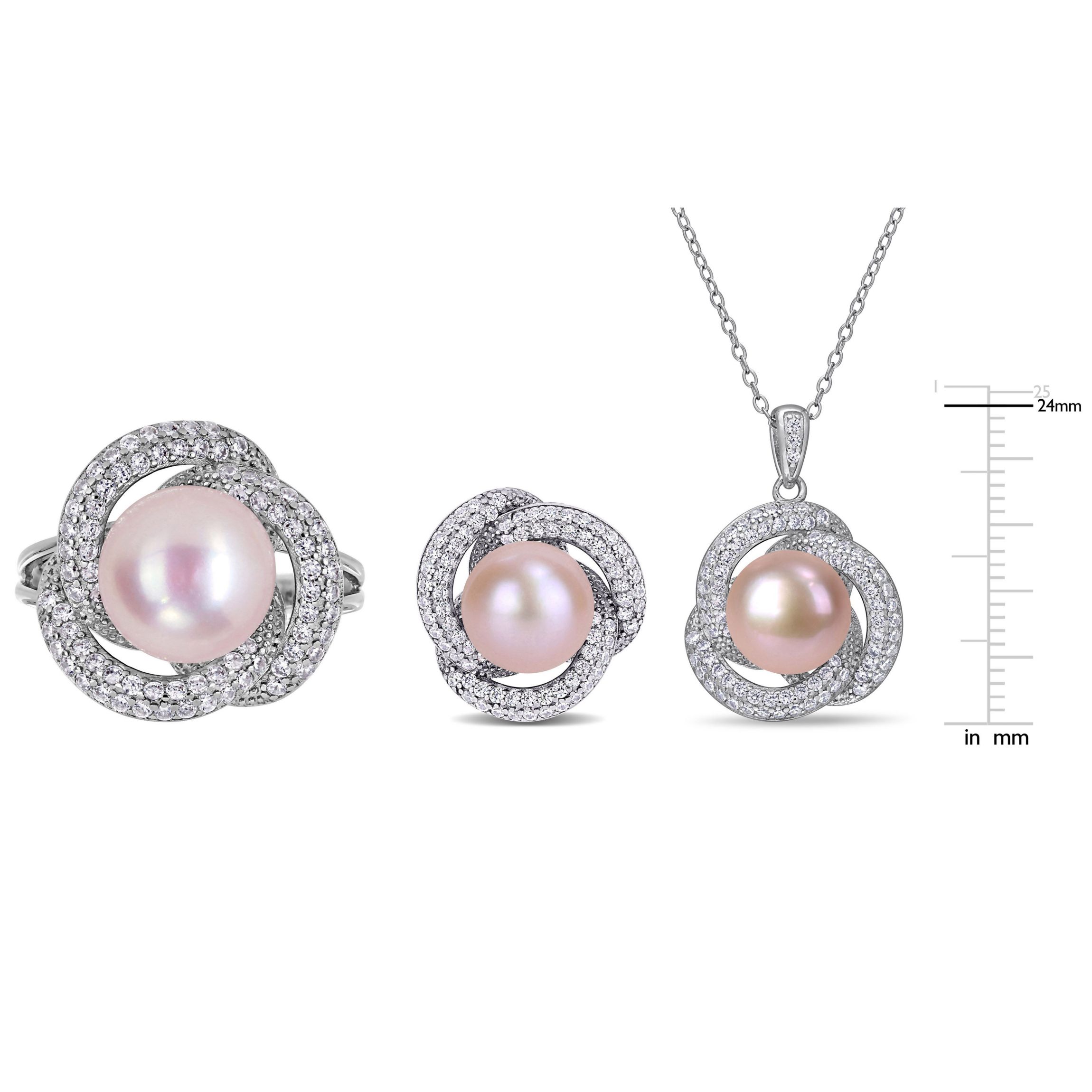 3-Piece Set of 9-10.5MM Pink Freshwater Cultured Pearl and 3.07 ct. t.g.w. Cubic Zirconia Ring, Earrings and Pendant with Chain in Sterling Silver