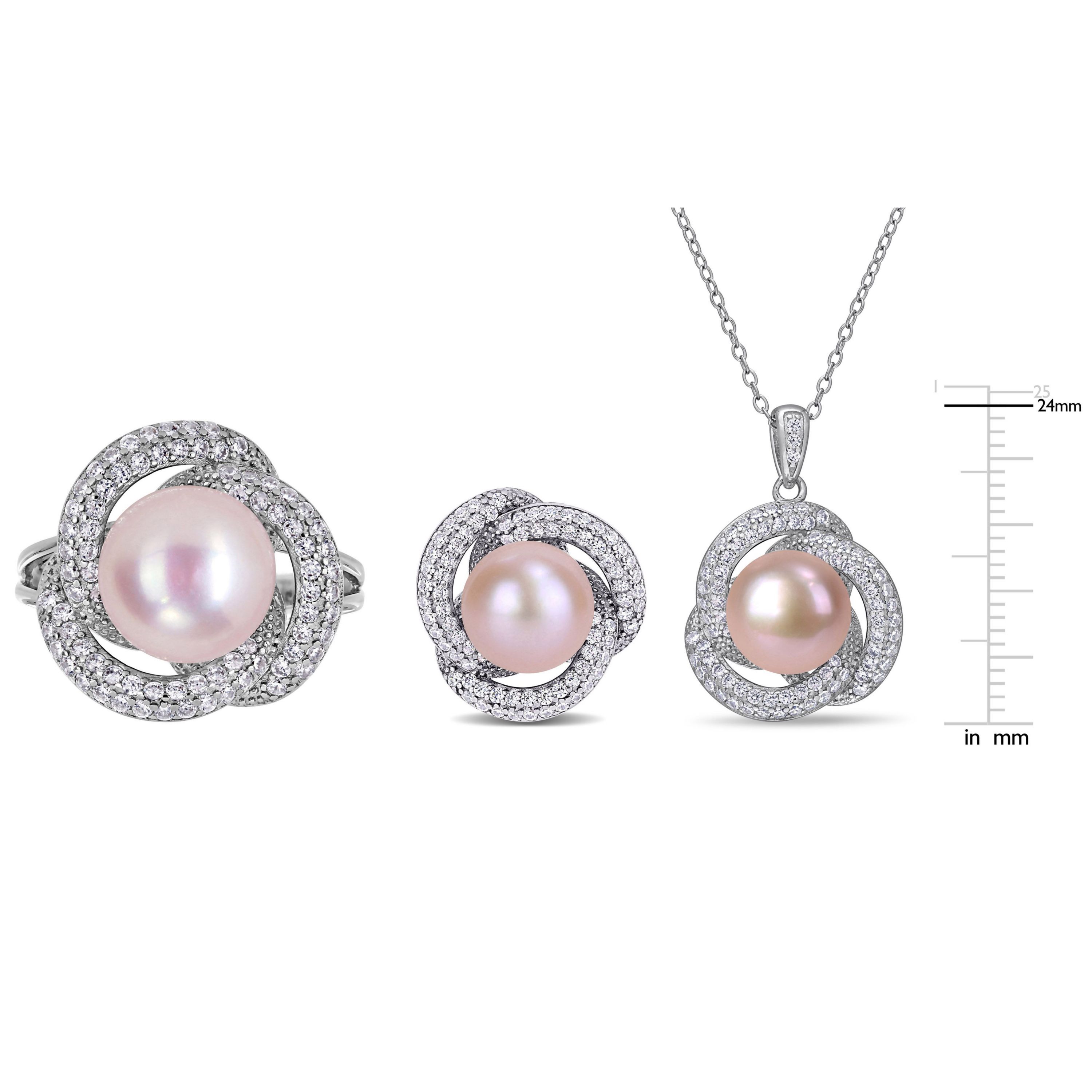 3-Piece Set of 9-10.5MM Pink Freshwater Cultured Pearl and 3.07 ct. t.g.w. Cubic Zirconia Ring, Earrings and Pendant with Chain in Sterling Silver