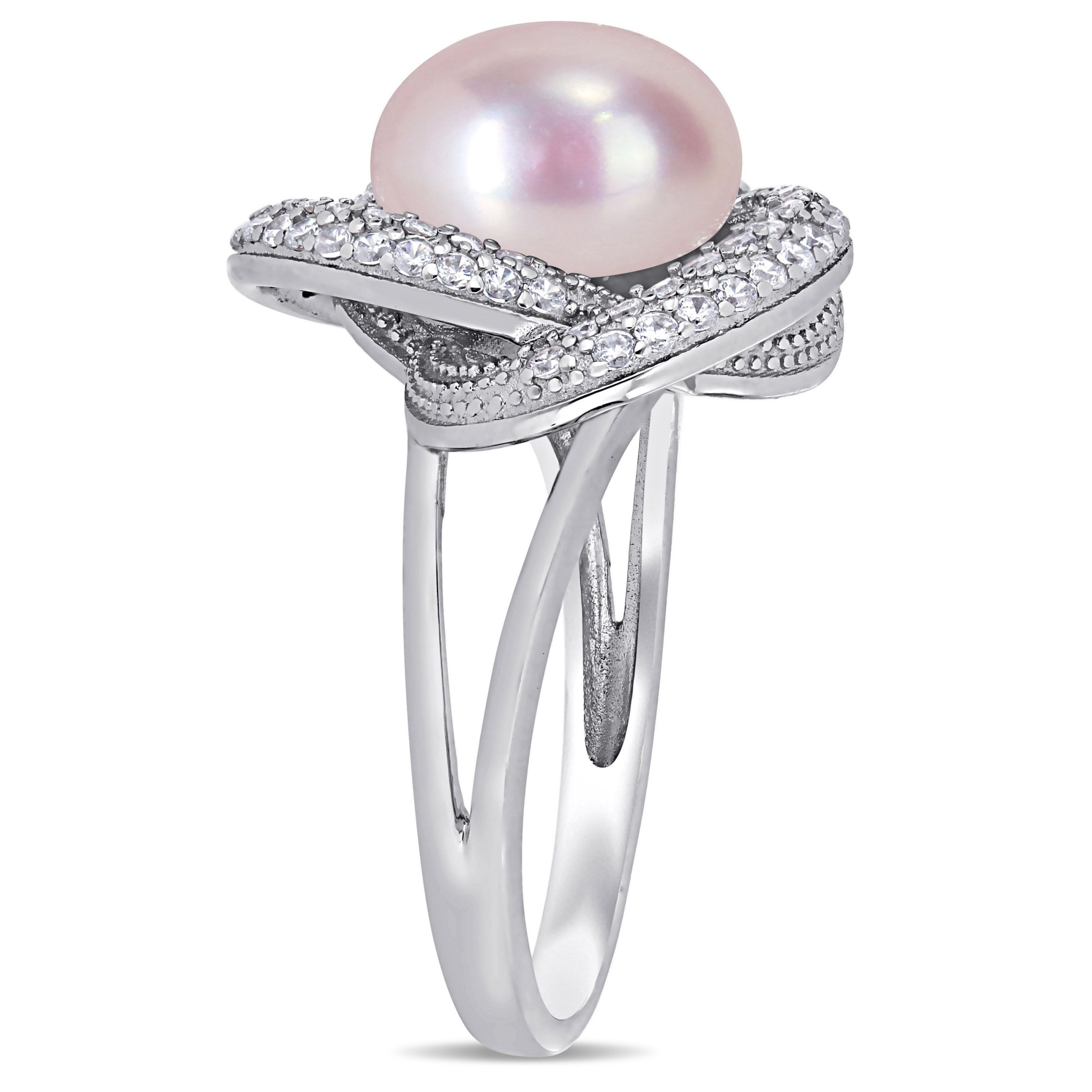 3-Piece Set of 9-10.5MM Pink Freshwater Cultured Pearl and 3.07 ct. t.g.w. Cubic Zirconia Ring, Earrings and Pendant with Chain in Sterling Silver