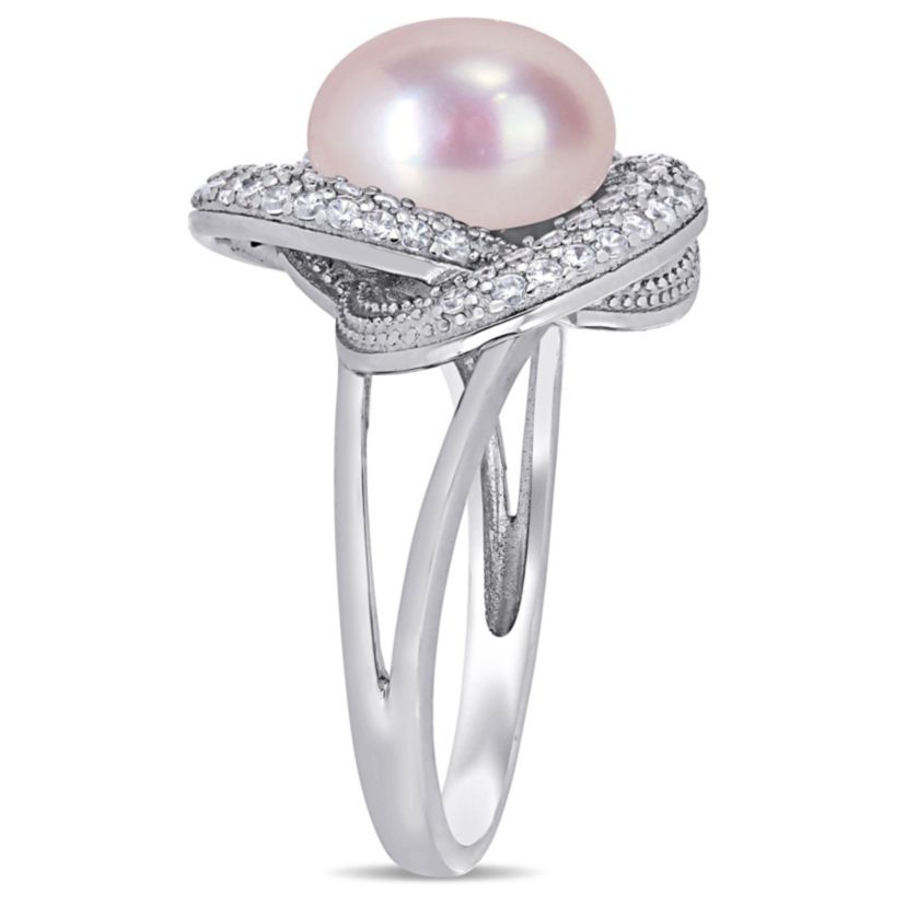 3-Piece Set of 9-10.5MM Pink Freshwater Cultured Pearl and 3.07 ct. t.g.w. Cubic Zirconia Ring, Earrings and Pendant with Chain in Sterling Silver