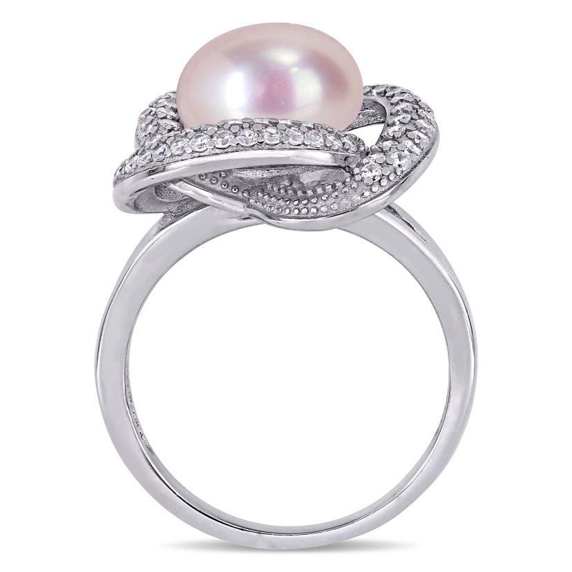 3-Piece Set of 9-10.5MM Pink Freshwater Cultured Pearl and 3.07 ct. t.g.w. Cubic Zirconia Ring, Earrings and Pendant with Chain in Sterling Silver