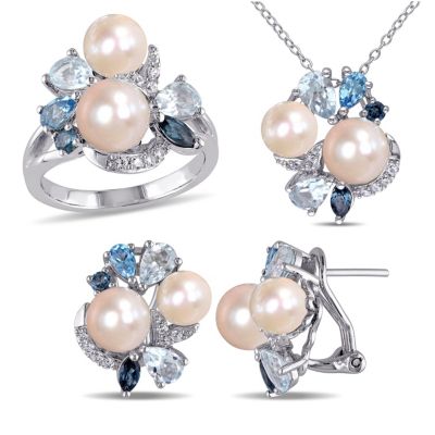 Belk & Co Lab Created 3-Piece of 6.5-8MM Freshwater Cultured Pearl and 6.44 ct. t.g.w. White Sapphire, Sky, Swiss and London Blue Topaz Ring