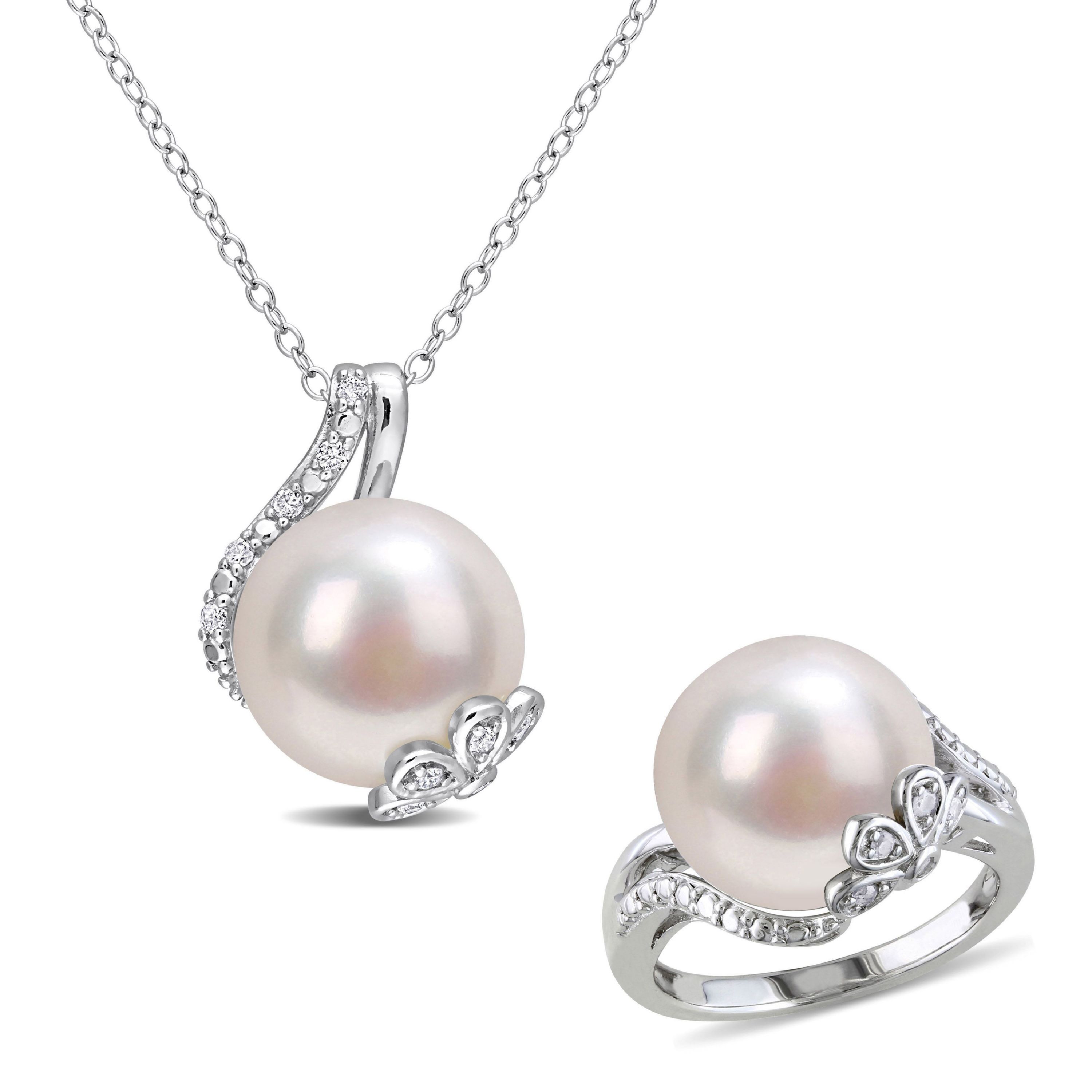 2-Piece Set of 12-12.5MM Freshwater Cultured Pearl and 1/6 ct. t.w. Diamond Ring and Pendant with Chain in Sterling Silver