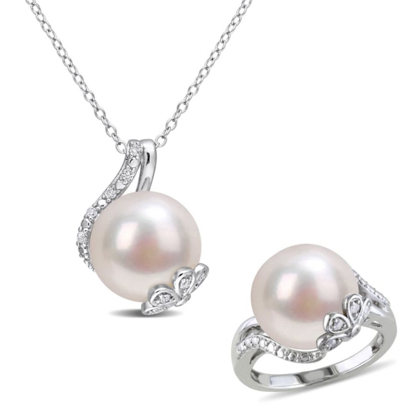 2-Piece Set of 12-12.5MM Freshwater Cultured Pearl and 1/6 ct. t.w. Diamond Ring and Pendant with Chain in Sterling Silver