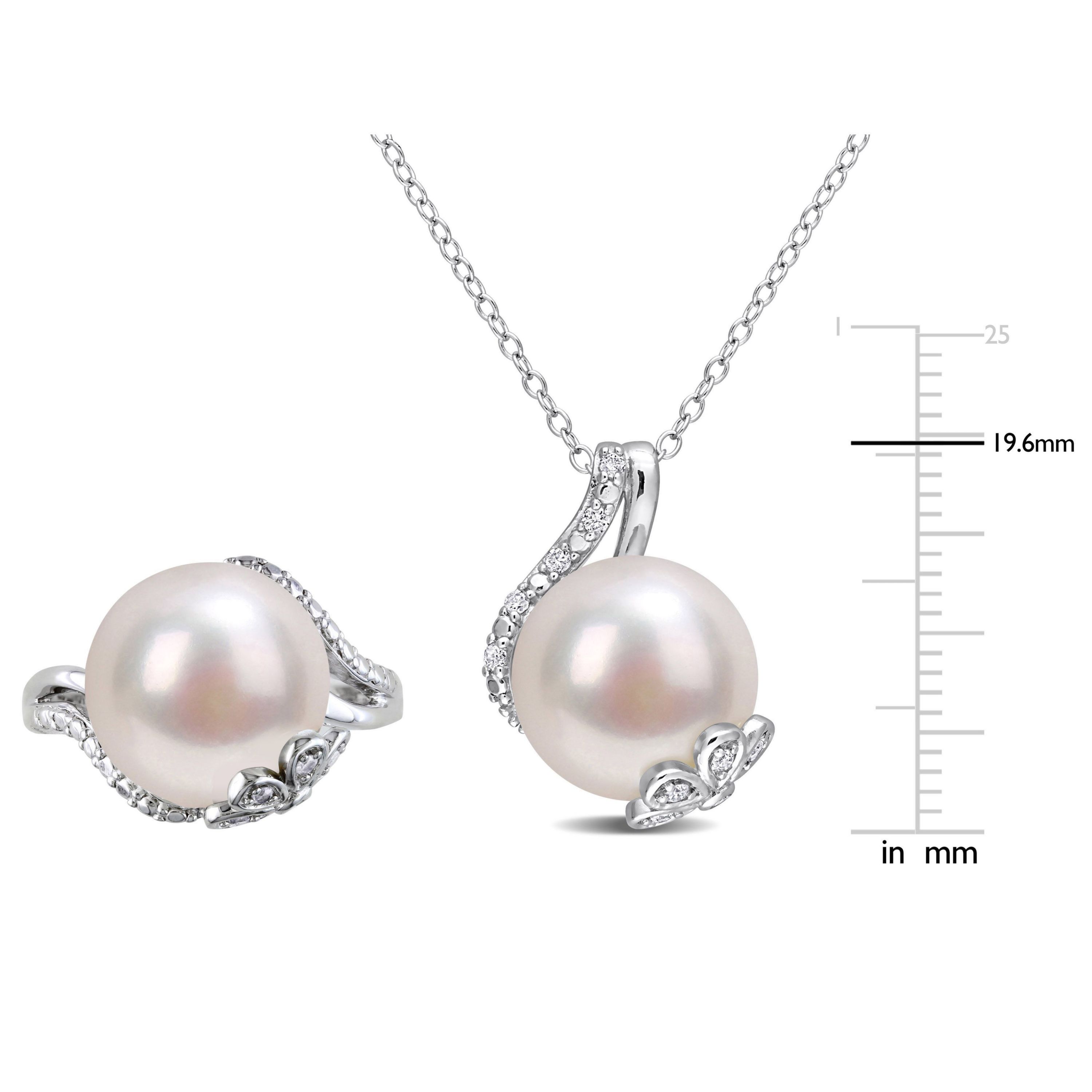 2-Piece Set of 12-12.5MM Freshwater Cultured Pearl and 1/6 ct. t.w. Diamond Ring and Pendant with Chain in Sterling Silver