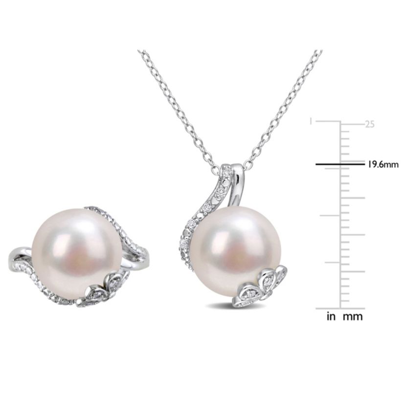 2-Piece Set of 12-12.5MM Freshwater Cultured Pearl and 1/6 ct. t.w. Diamond Ring and Pendant with Chain in Sterling Silver