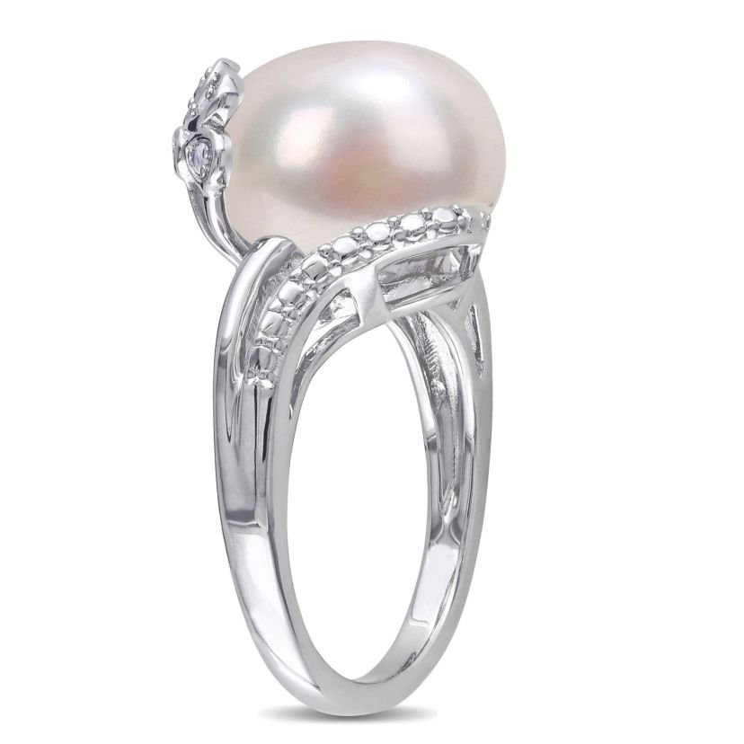 2-Piece Set of 12-12.5MM Freshwater Cultured Pearl and 1/6 ct. t.w. Diamond Ring and Pendant with Chain in Sterling Silver