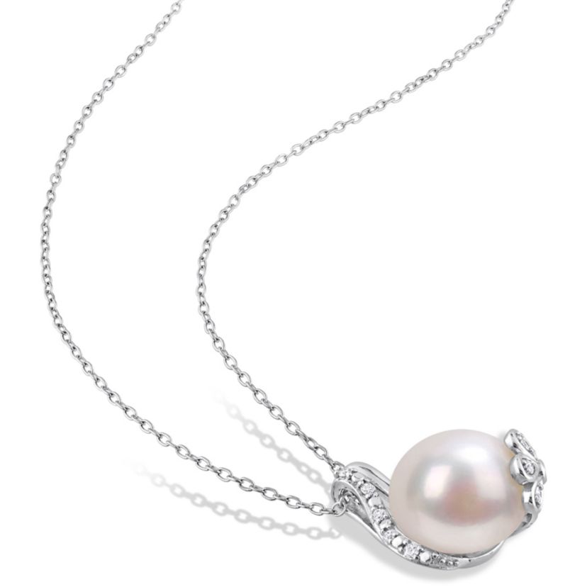 2-Piece Set of 12-12.5MM Freshwater Cultured Pearl and 1/6 ct. t.w. Diamond Ring and Pendant with Chain in Sterling Silver
