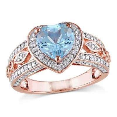 Belk & Co 2 ct. t.g.w. Sky Blue Topaz and 1/10 ct. t.w. Diamond Heart Ring in Rose Plated Sterling Silver, Pink, 6