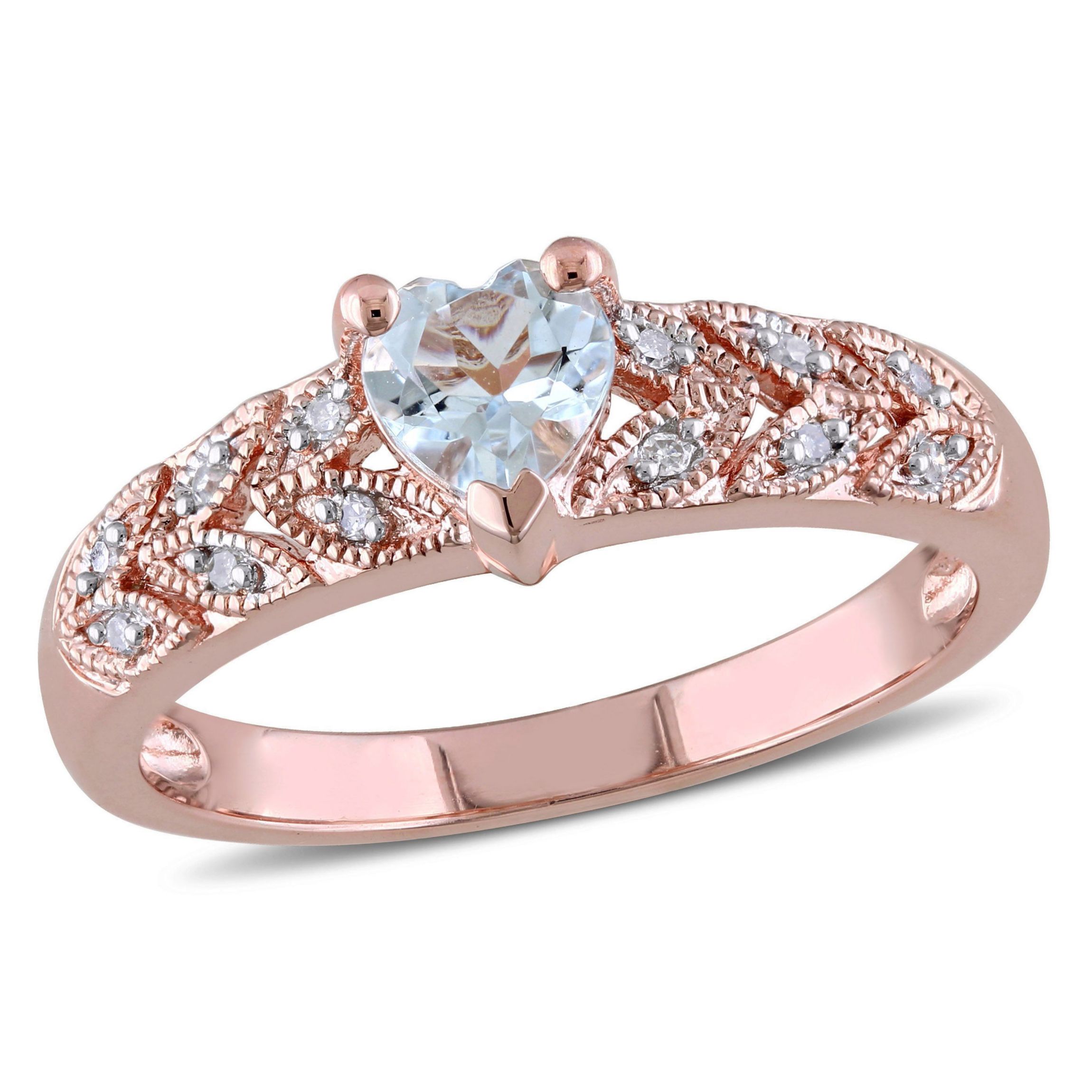 1/3 ct. t.g.w. Aquamarine and 1/10 ct. t.w. Diamond Heart Ring in Rose Plated Sterling Silver