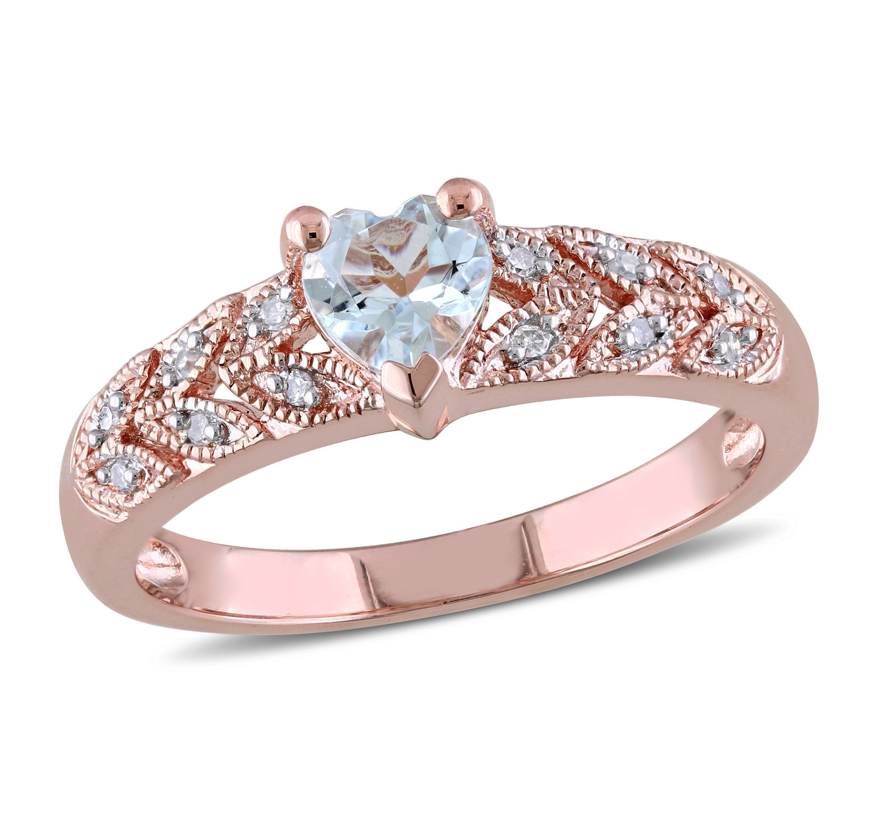 1/3 ct. t.g.w. Aquamarine and 1/10 ct. t.w. Diamond Heart Ring in Rose Plated Sterling Silver
