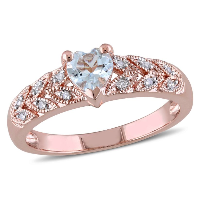 1/3 ct. t.g.w. Aquamarine and 1/10 ct. t.w. Diamond Heart Ring in Rose Plated Sterling Silver
